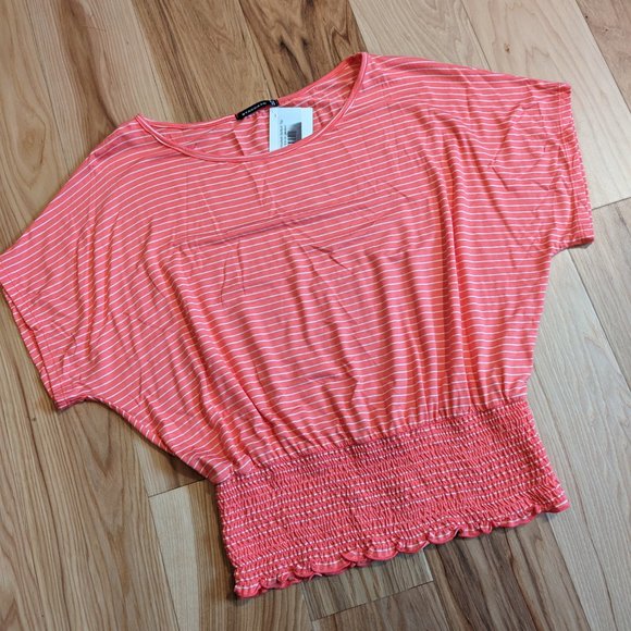 🎉 4 for $25 🎉STACCATO Smocked Bottom Striped Blouse Pink/White Size Medium NWT - Picture 5 of 10